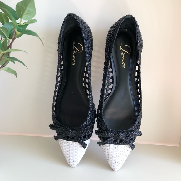 Delman Black and white woven flat slip-on with woven bow detail leather size 9 - Picture 4 of 17